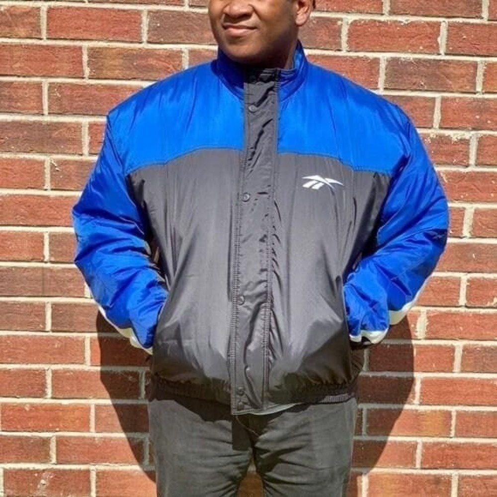 Vintage Reebok color block big logo puffer blue jacket coat‎ Oversized  90s - Picture 2 of 4